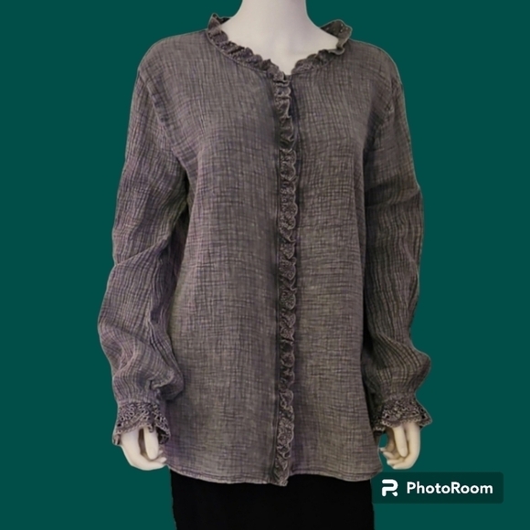 Mazik Tops - MAZIK Gray Eyelet Ruffle Button Down Long Sleeve Colonial Coquette Tunic Shirt